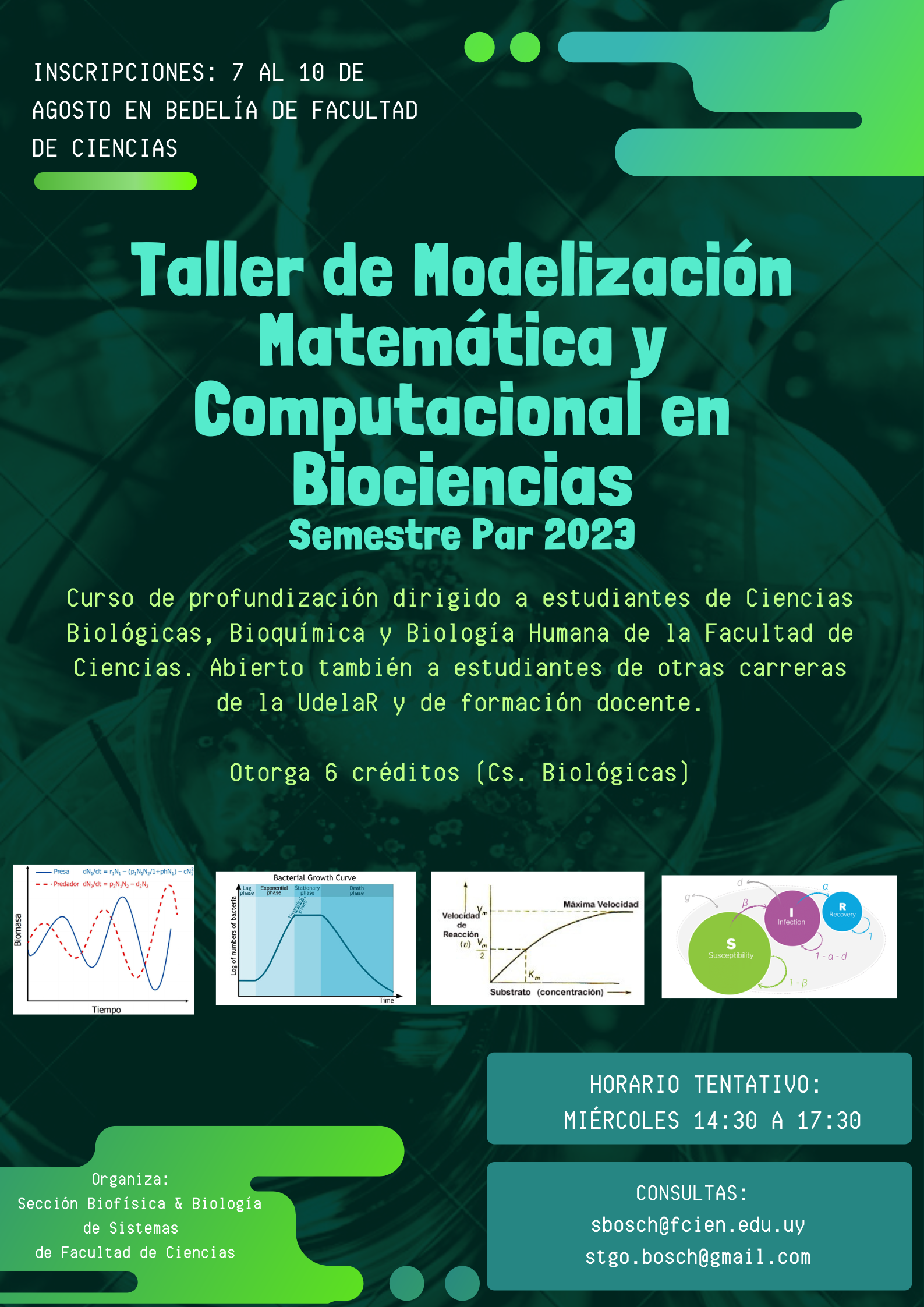 Info sobre el Taller. Inscripciones: 7 a 10 de Agosto. Créditos: 6 para Ciencias Biológicas. Coordinador: Santiago Bosch