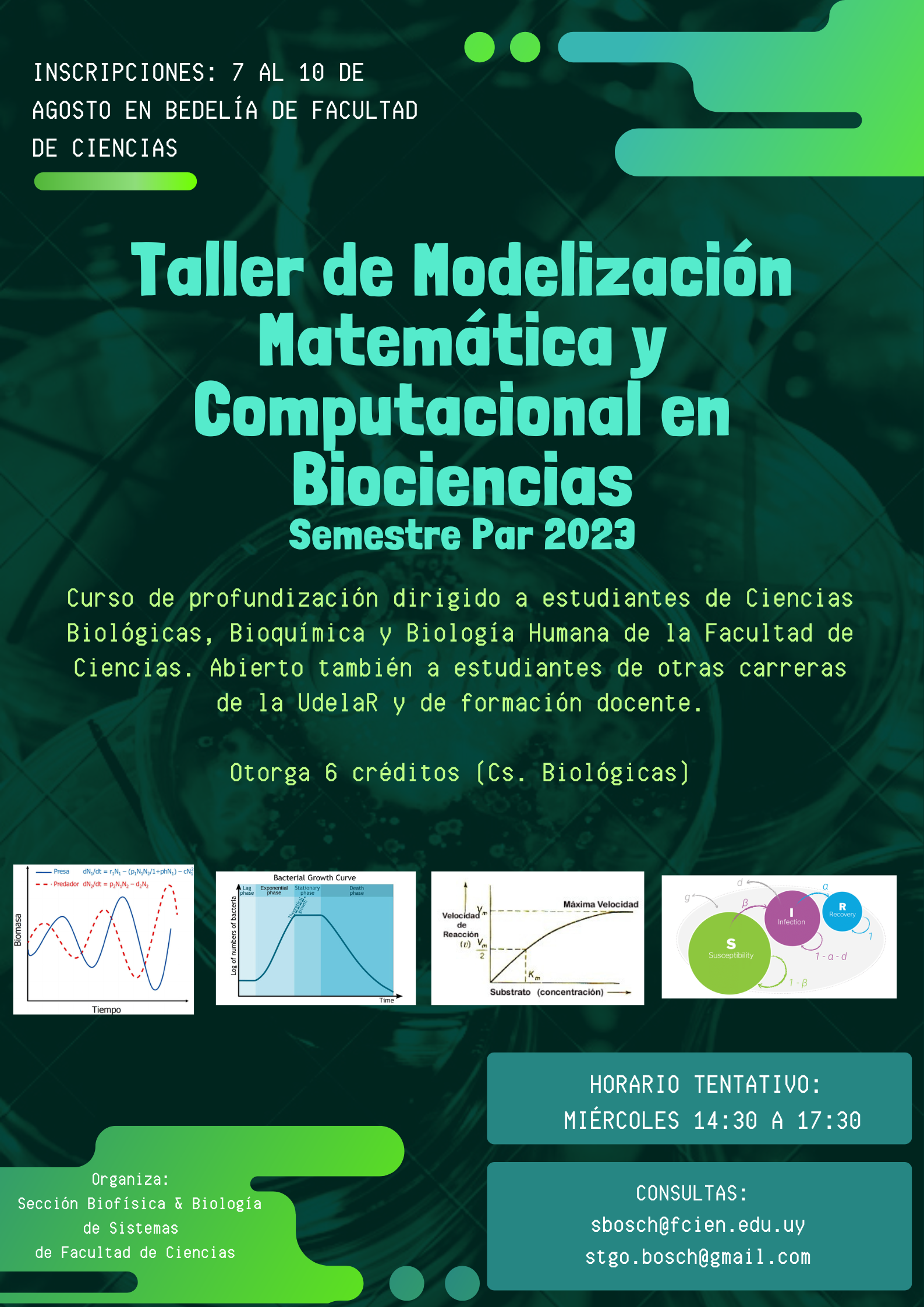 Info sobre el Taller. Inscripciones: 7 a 10 de Agosto. Créditos: 6 para Ciencias Biológicas. Coordinador: Santiago Bosch
