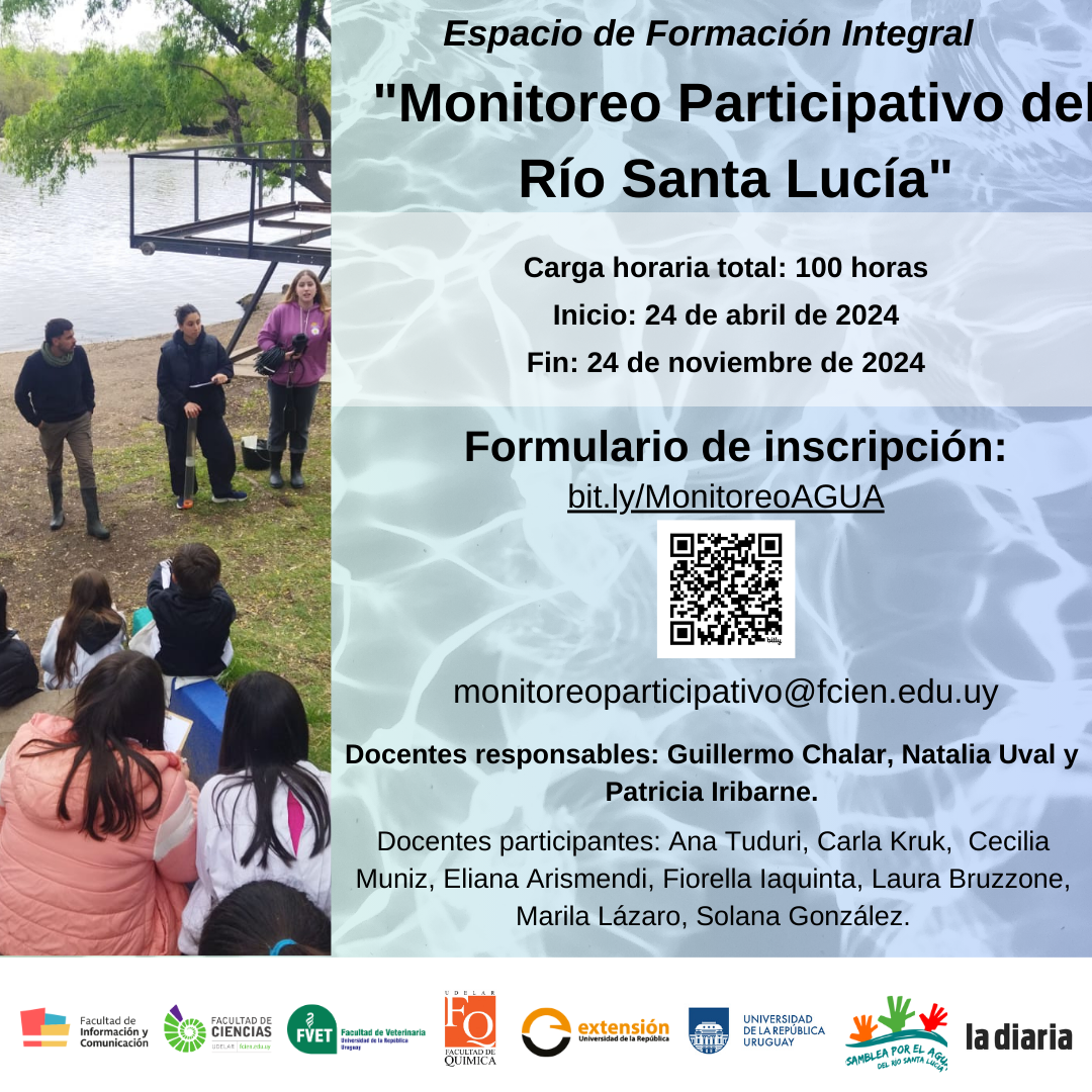 Afiche del Espacio de Formación Integral "Monitoreo Participativo del Río Santa Lucía", con fecha de incio el 24 de abril