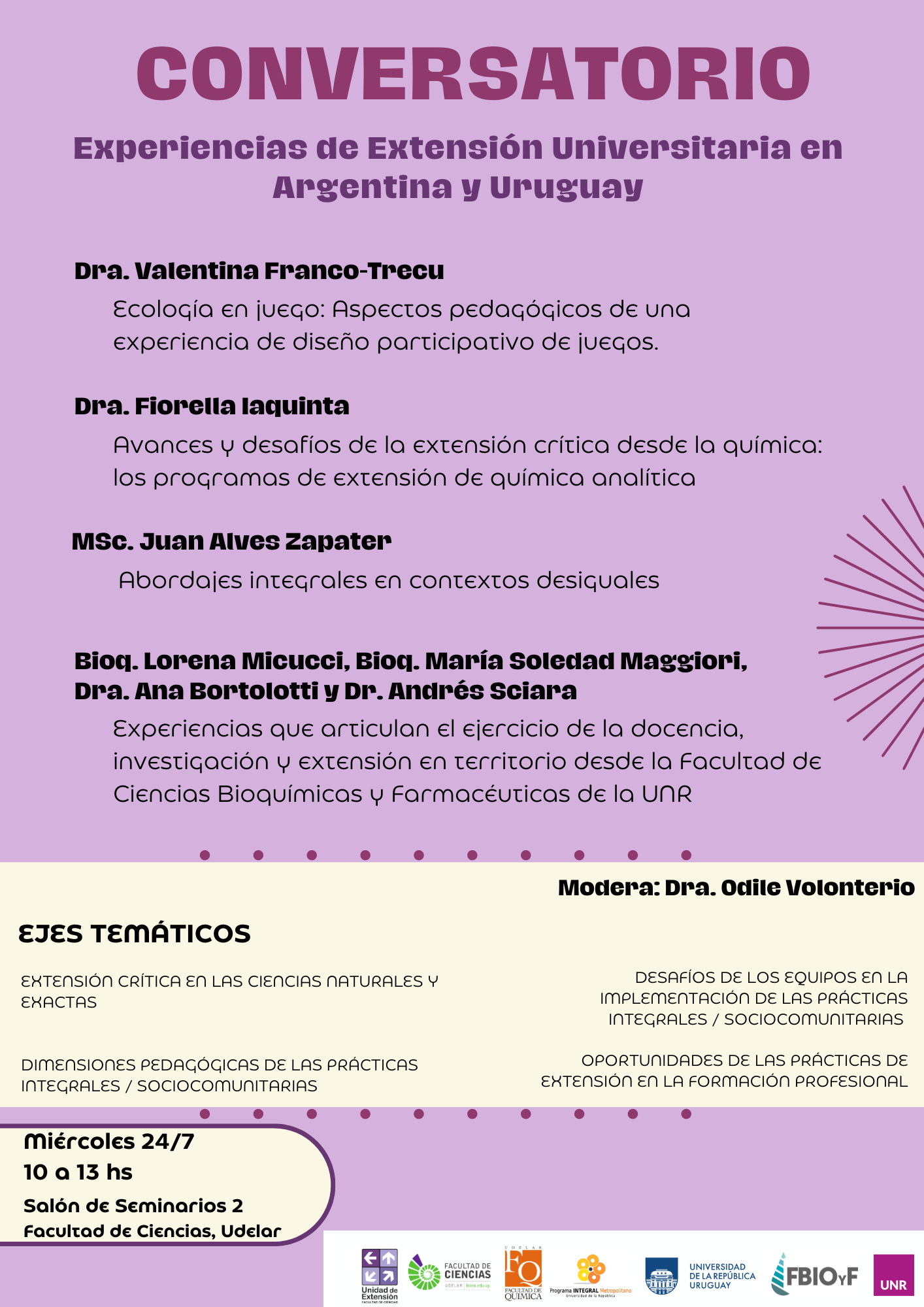 Afiche de conversatorio:Experiencias de Extensión Universitaria en Argentina y Uruguay el miércoles 24 de julio de 10 a 13hs