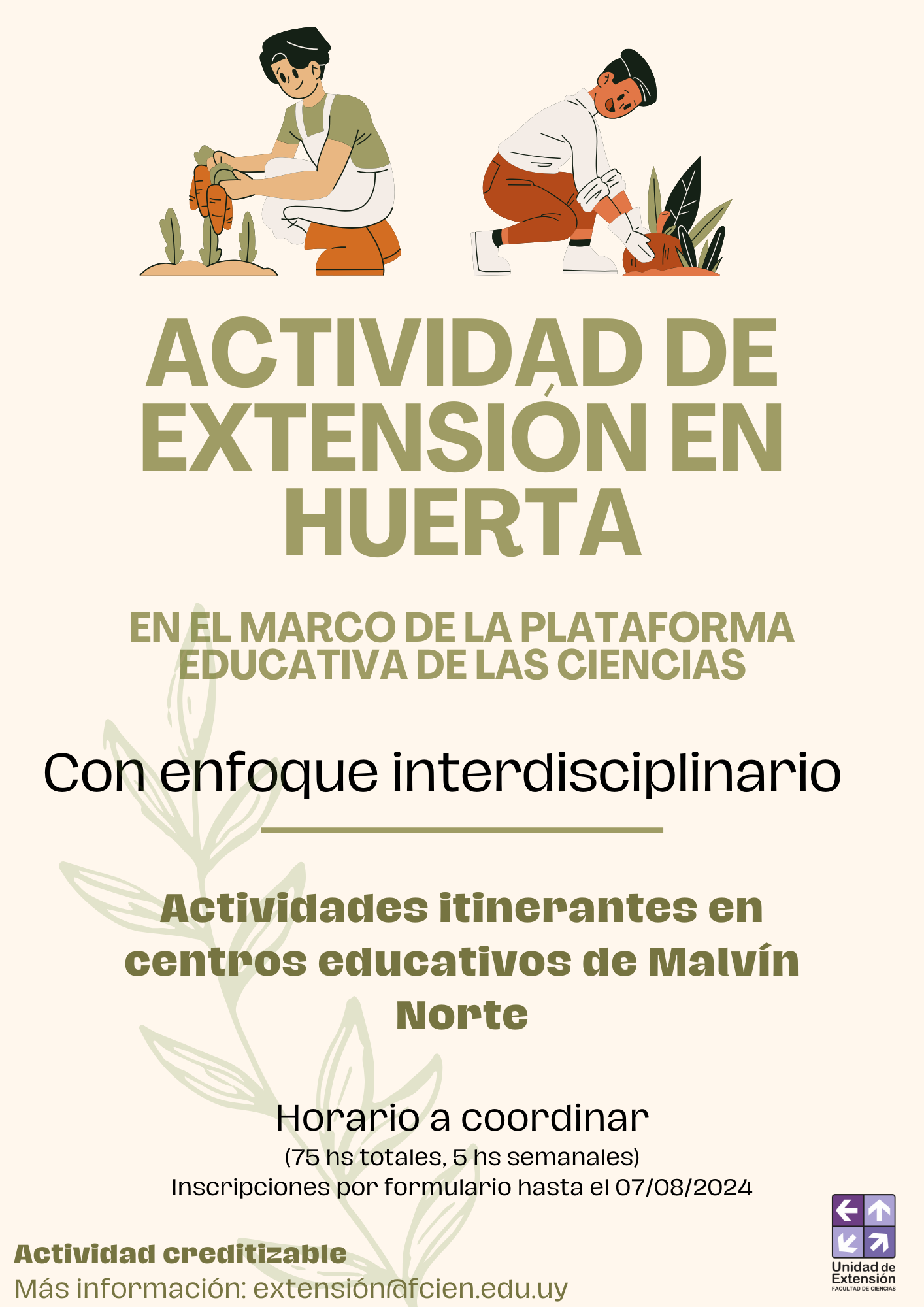 Afiche de actividad de extensión en huerta con enfoque interdisciplinario en centros educativos de Malvín Norte