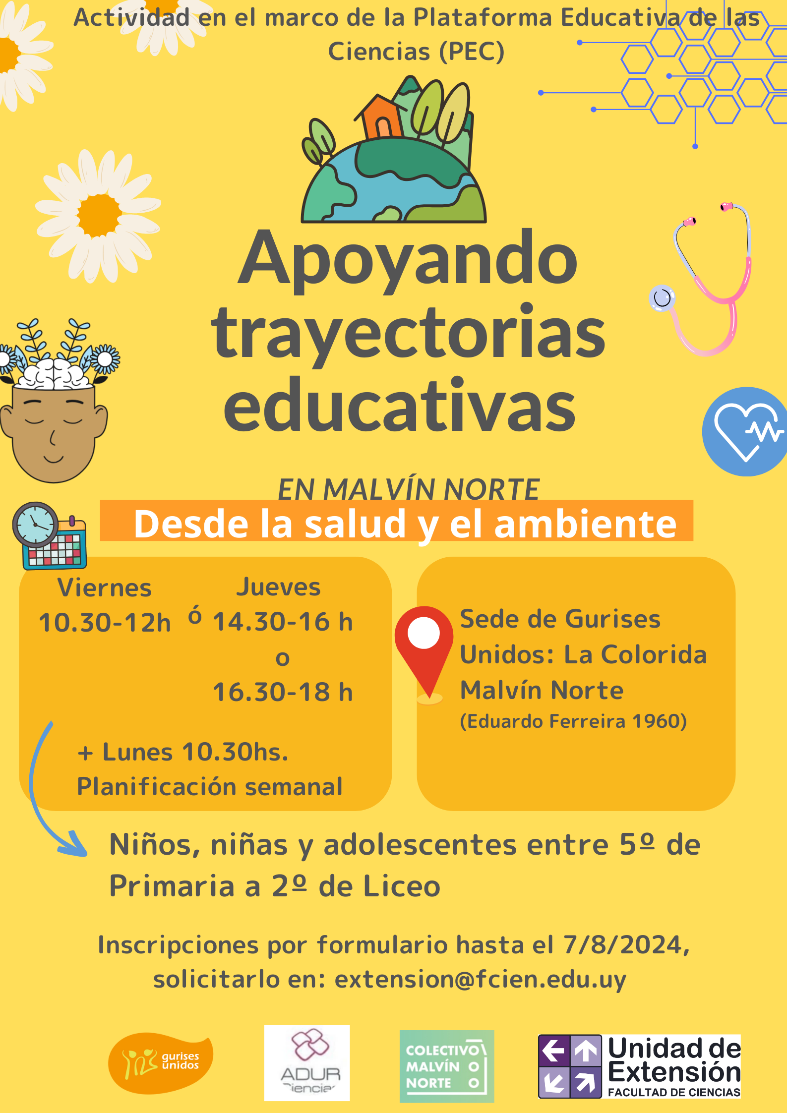 Afiche de actividad: apoyando trayectorias educativas en Malvín Norte desde la salud y el ambiente. Sede: Gurises Unidos