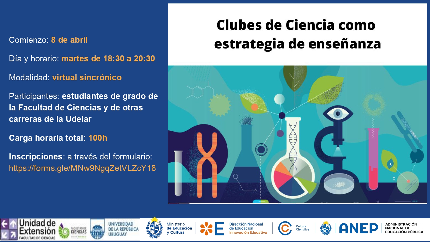 Afiche de EFI Clubes de ciencia. Comienza el 8 de abril. Modalidad virtual sincrónica los martes de 18:30 a 21:30  