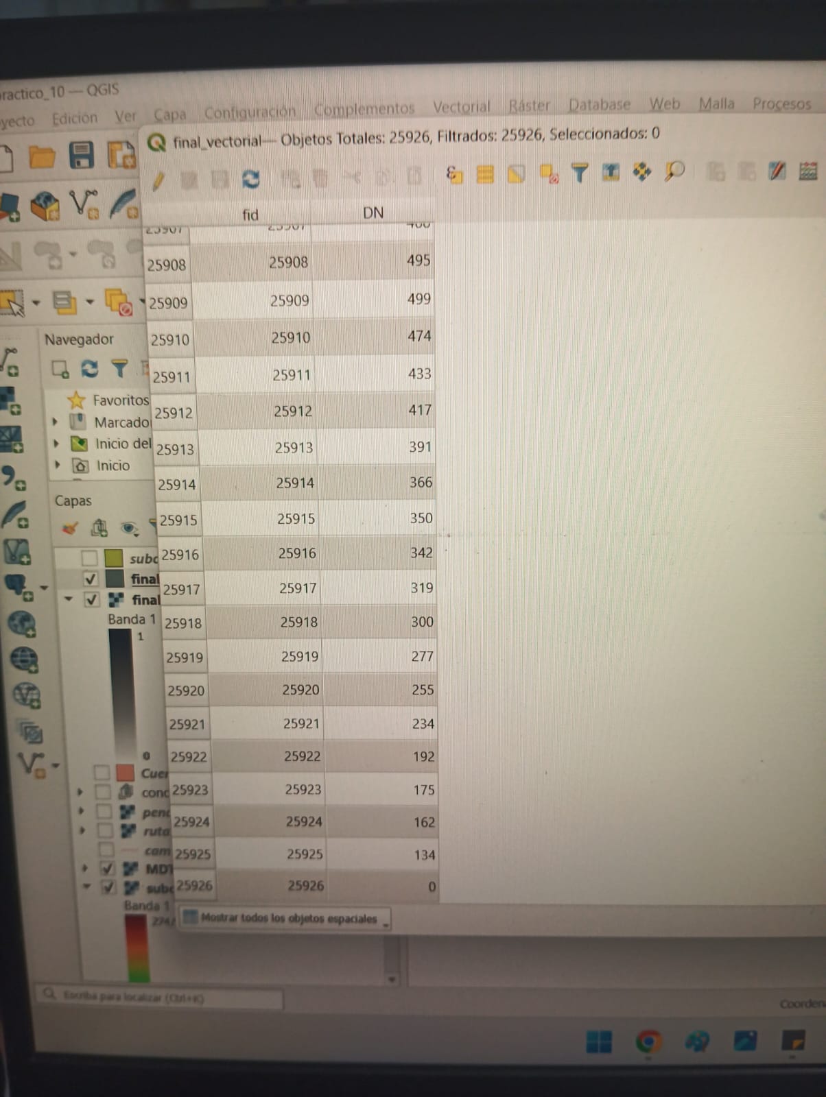 tabla de atributos de la capa final. solo un elemento tiene valor 0