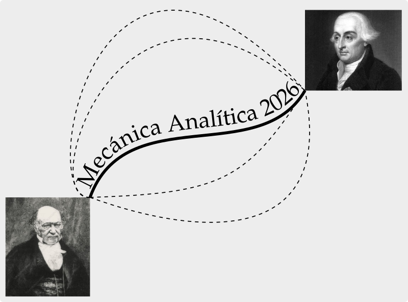 Un camino con el título Mecánica Analítica 2026 une las fotos de Hamilton y Lagrange. Se muestran otros caminos en punteado