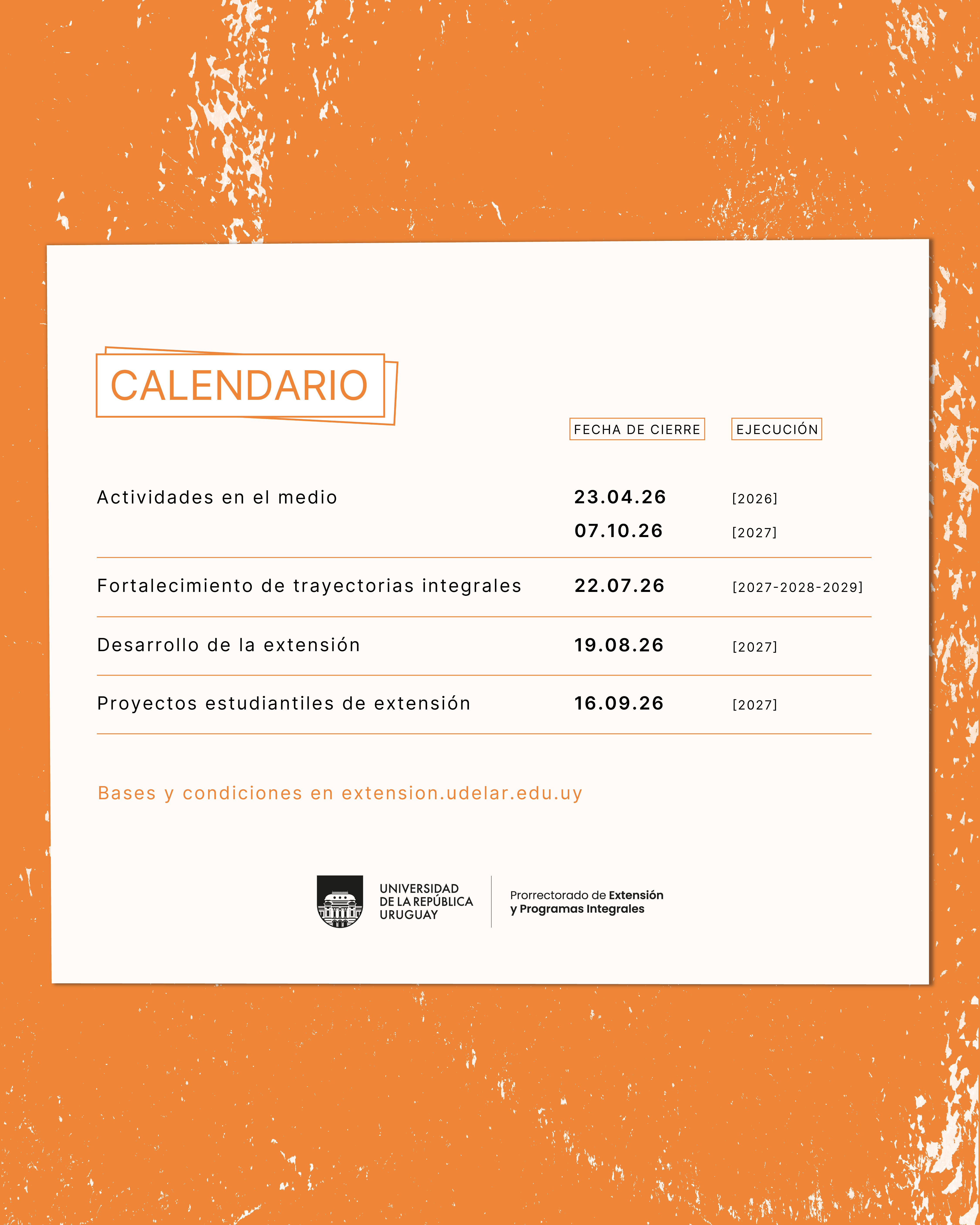 Calendario de convocatorias concursables. Muestra las fechas de cierre de cada convocatoria y el período de ejecución