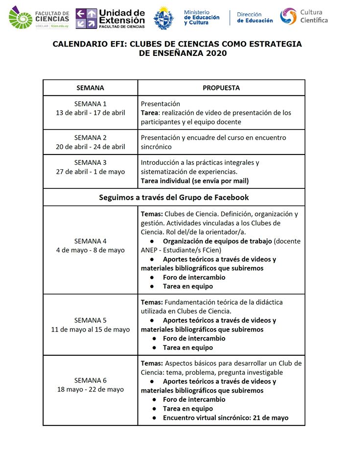 Calendario de actividades hasta el 22 de Mayo